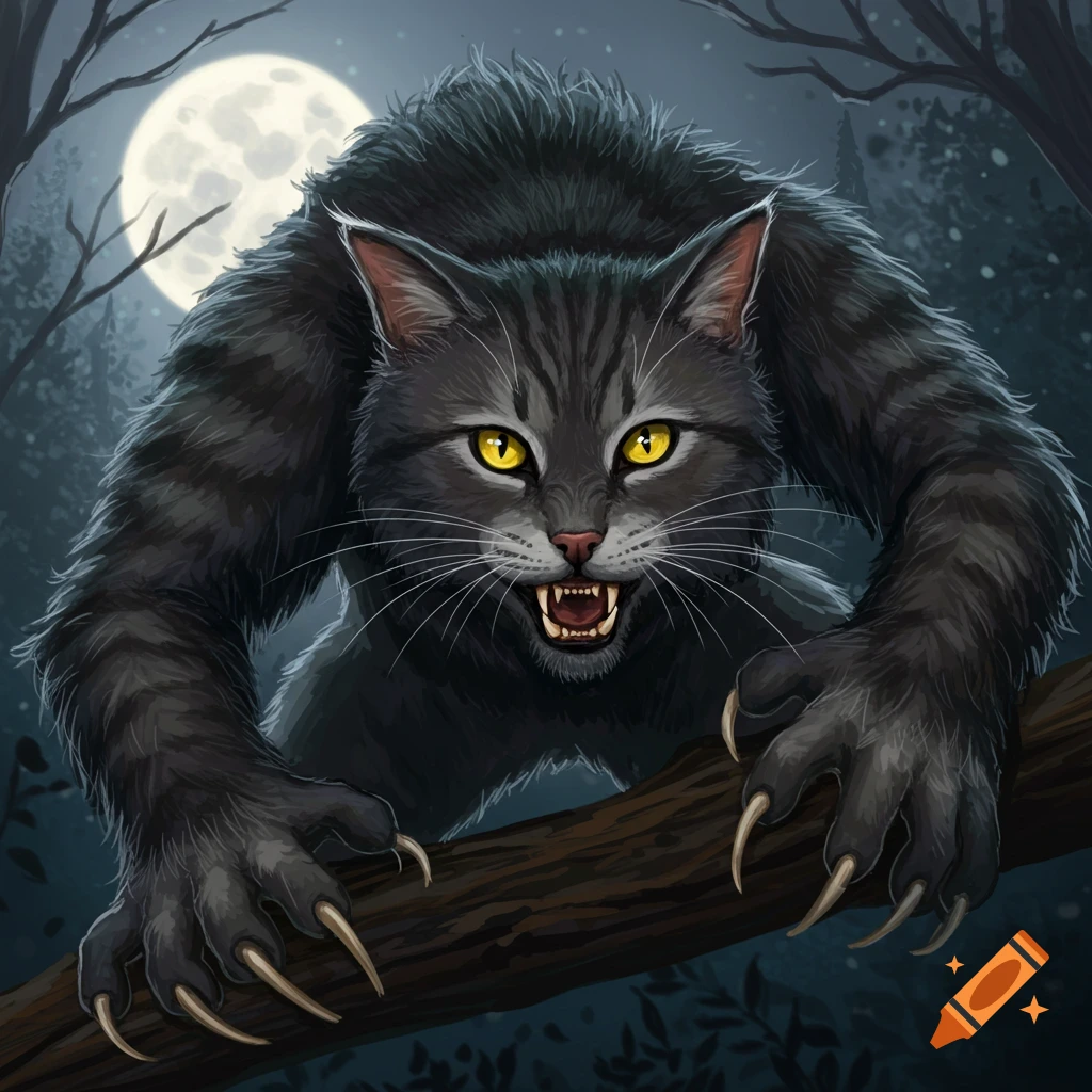 A grey tabby cat werewolf on a branch under a full moon in a forest.