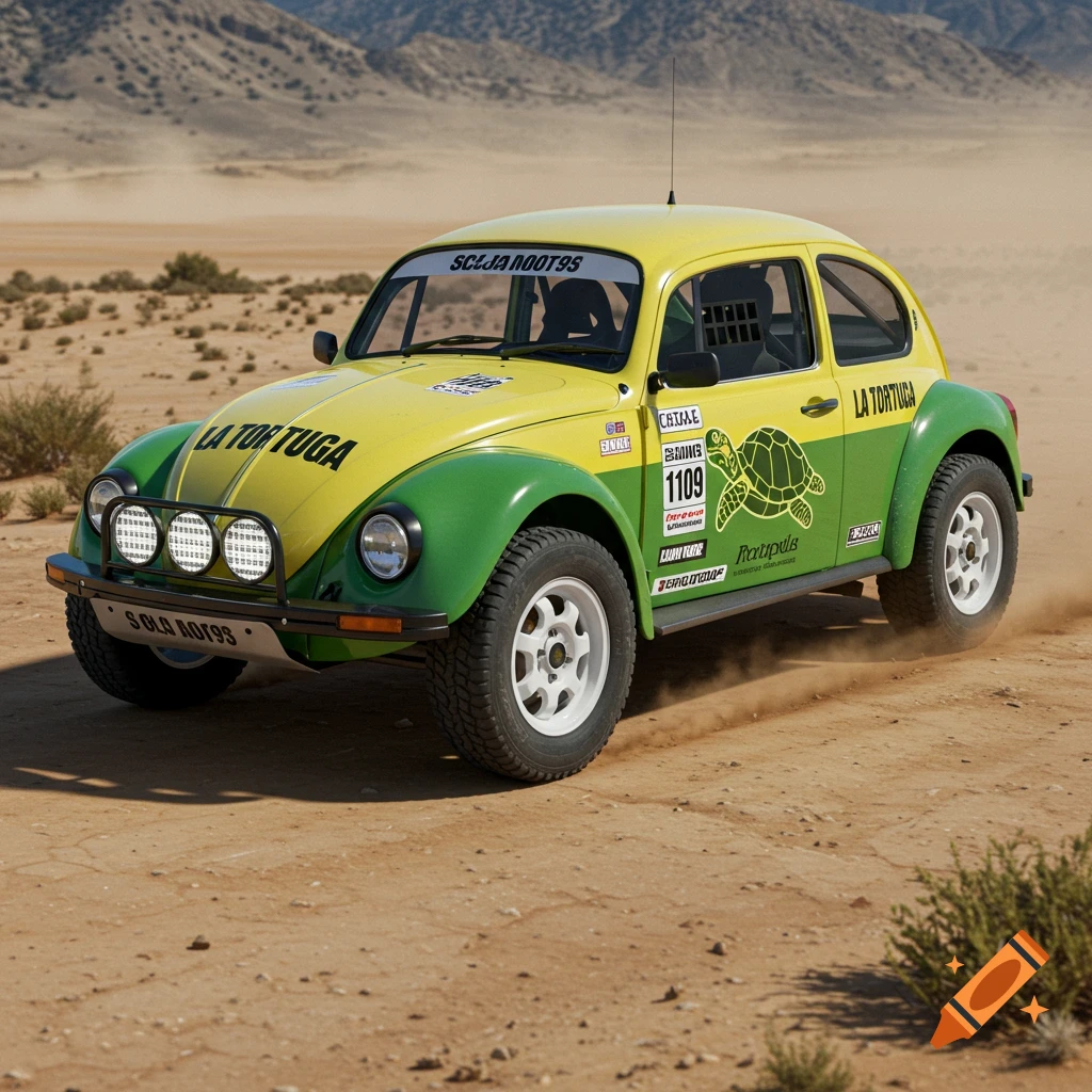 A yellow and green VW beetle race car with the number 1109 races through a dusty desert landscape.