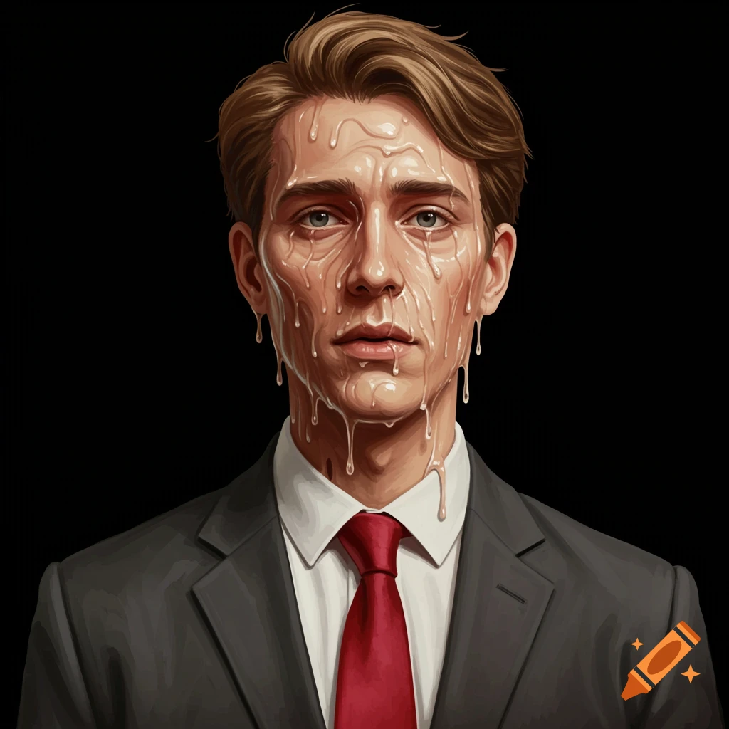 Surreal image of a man in a suit with a melting face.