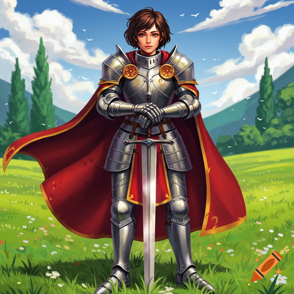 A female knight in full plate armor stands in a grassy field holding a sword.