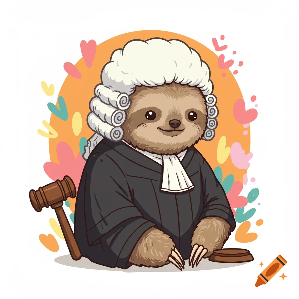 A cute cartoon sloth judge wearing a wig and robe, holding a gavel