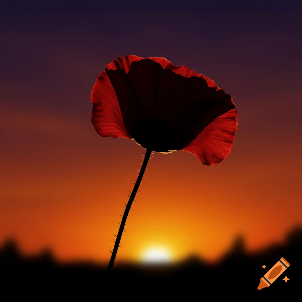 Red poppy flower silhouetted against an orange and purple sunset