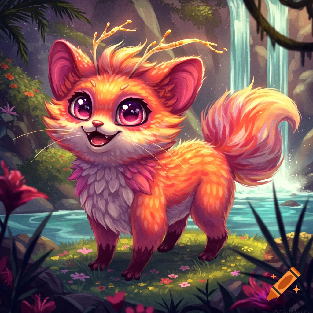 A cute fantasy creature resembling a fox with antlers stands by a waterfall in a jungle.