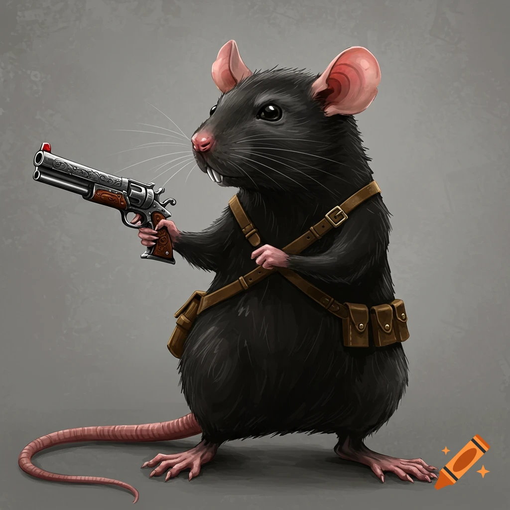 A rat holding a revolver, wearing leather straps and pouches.