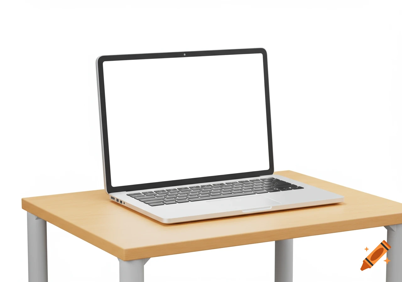 3D cartoon illustration of a laptop with a blank screen on a desk against a white background