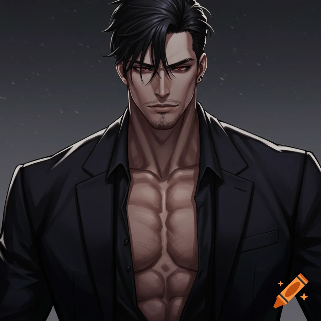 Serious anime man with red eyes in an open black suit showing his muscular chest.