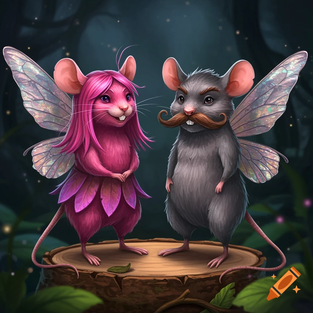 Two cartoon fairy mice with wings and mustaches stand on a log in a dark forest.