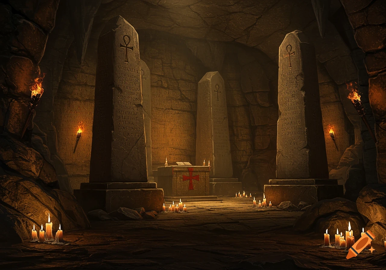 Ancient cave with carved stone obelisks, an altar with a red cross, torches, and candles.