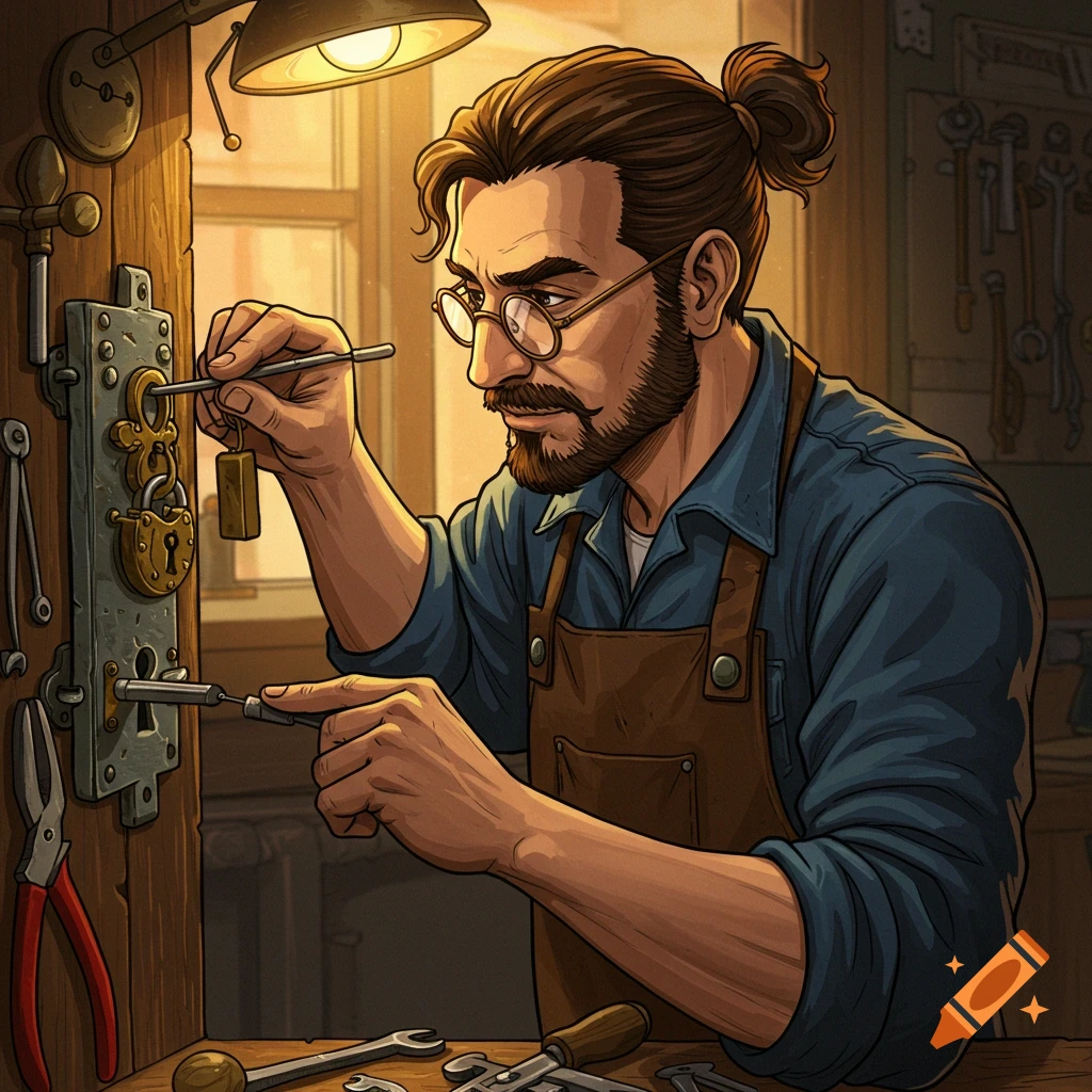 A locksmith with glasses and a ponytail is working on a lock in a workshop.