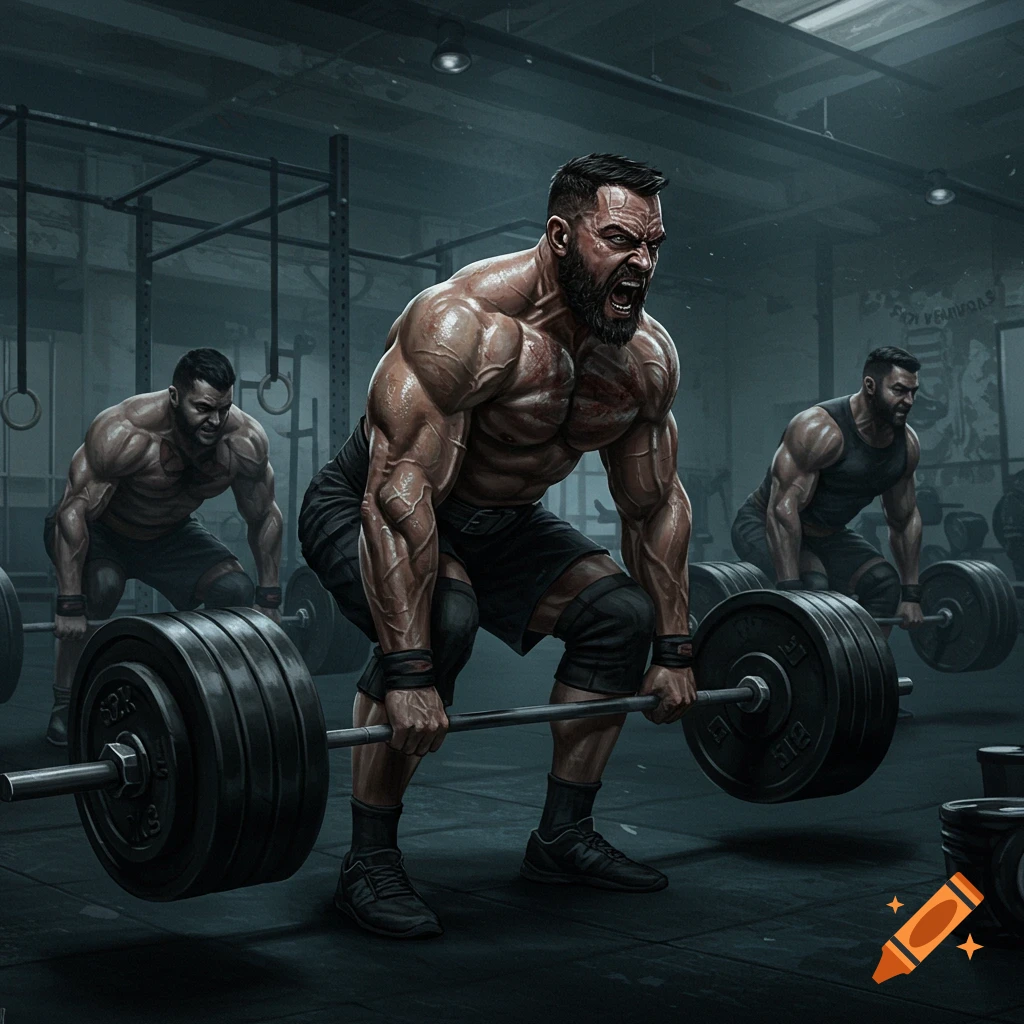 Muscular men doing deadlifts in a grimdark gym.