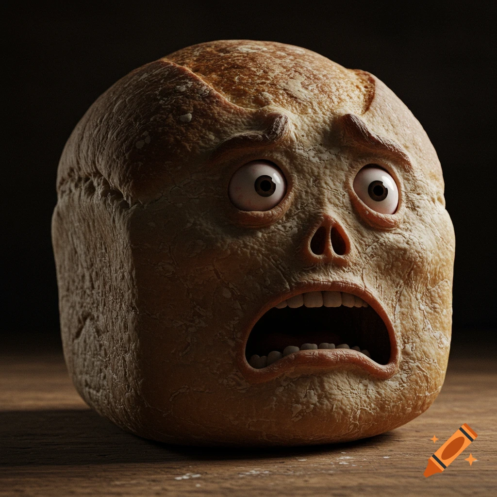 Photorealistic image of a loaf of bread with a fearful human face