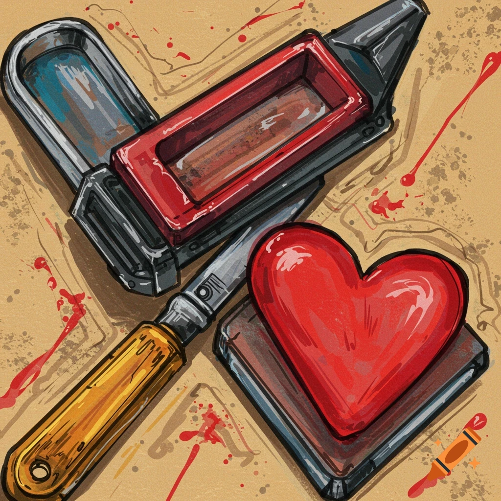 Painting in Jim Dine style featuring a red heart, knife, and object with red splatters on a brown background.