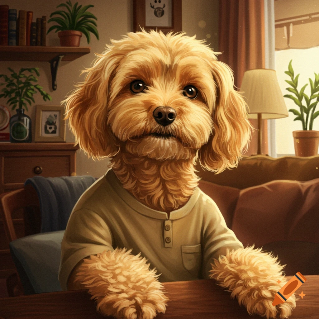 A golden cavapoo wearing a beige t-shirt is sitting at a table in a living room.