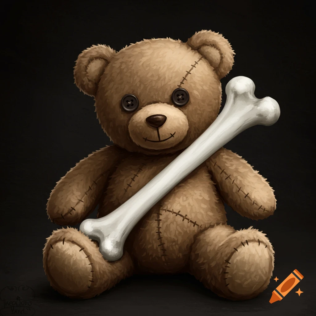 A plush brown teddy bear sitting with a white bone across its chest.