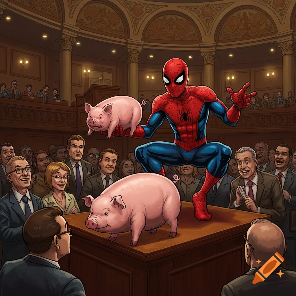 Spider-Man holding a pig while standing on a table with another pig in front of an audience in a large hall.