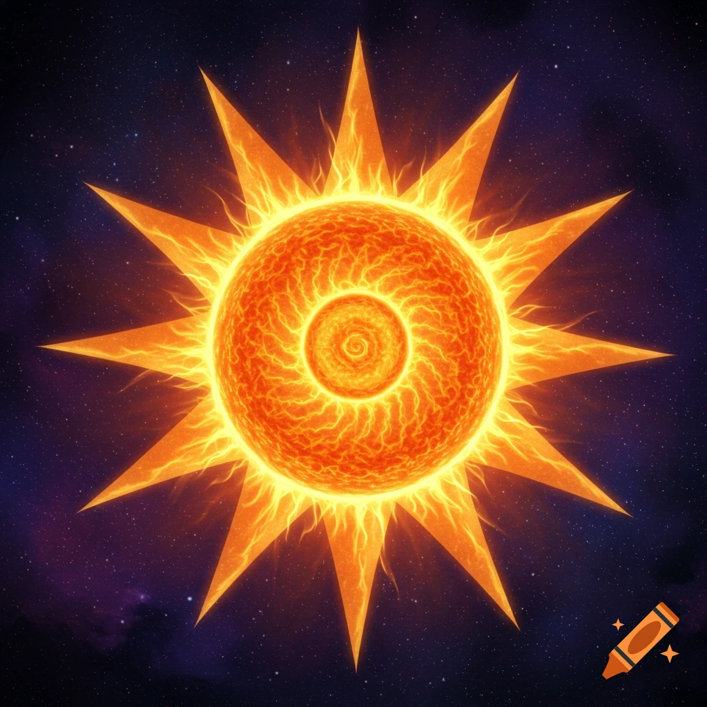 A stylized fiery sun with pointed rays and a spiral center in space.