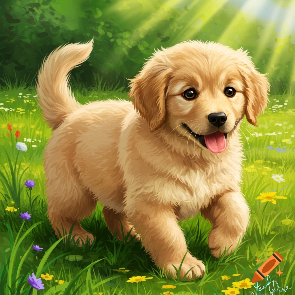 A cute golden retriever puppy walks through a grassy meadow with wildflowers.