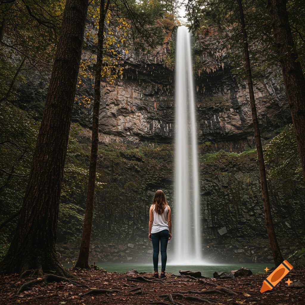 A woman stands looking at a tall waterfall in a forest.
