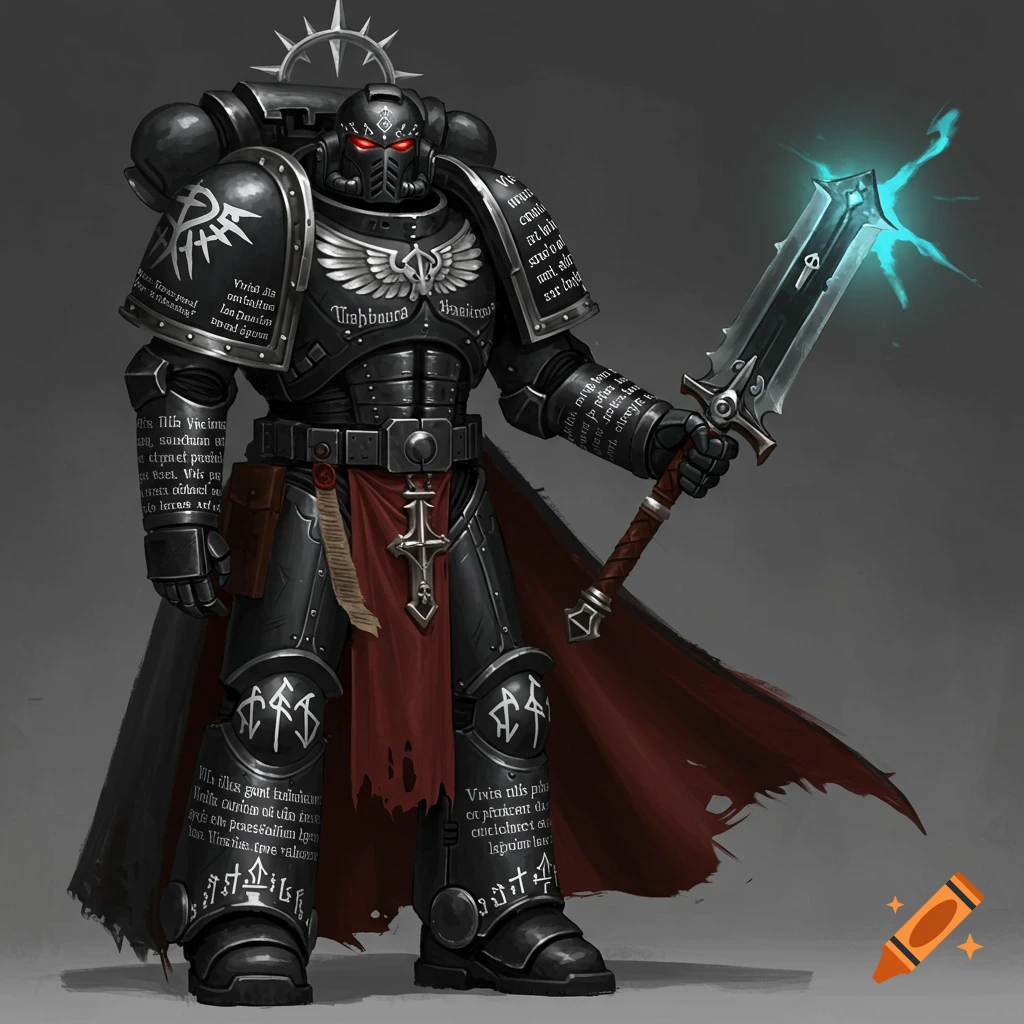 A Warhammer 40k Space Marine in black power armor with red eyes and white runes, holding a glowing blue power sword.