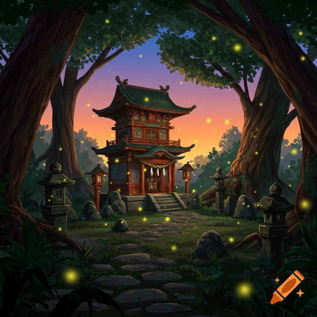 A Japanese shrine in a forest at dusk with fireflies glowing among the trees and path.
