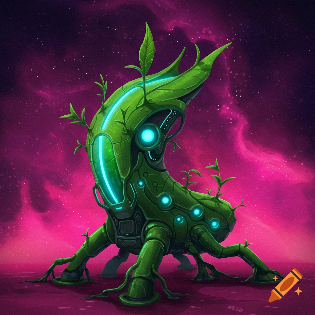 A green futuristic plant creature with glowing blue lights is in a pink and purple space landscape.