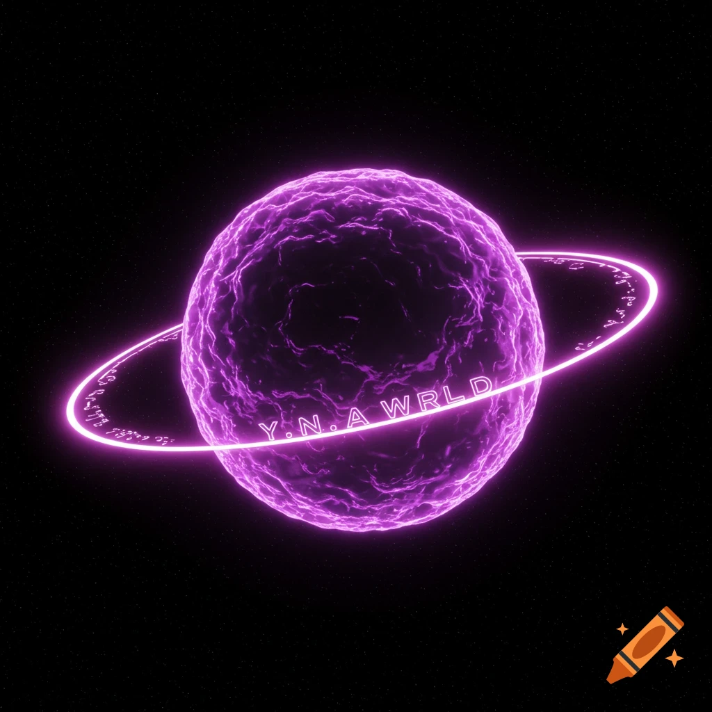 A purple planet with a glowing ring in space. The ring has text Y.N.A WRLD.