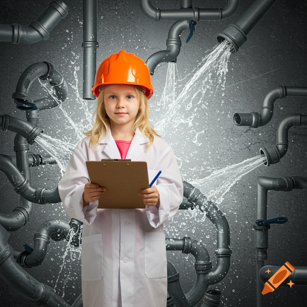 Young girl in orange hard hat and white coat holds clipboard in front of leaking pipes spraying water. Photorealistic.
