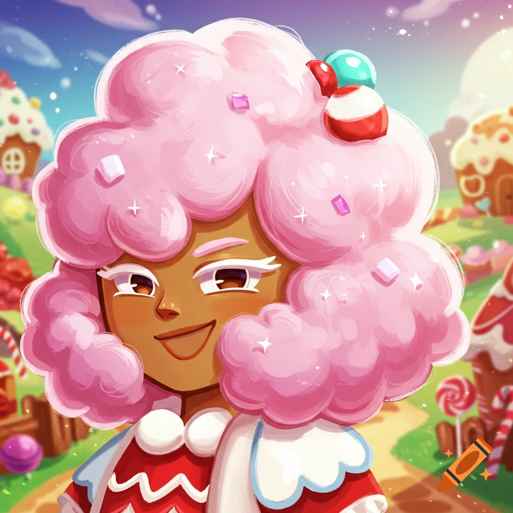 A cartoon character with pink fluffy hair and brown eyes smiles in a candy land setting