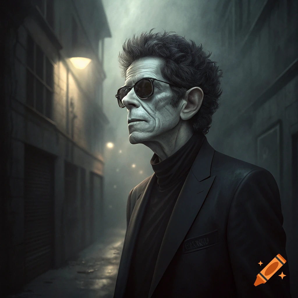 Stylized portrait of a man resembling Lou Reed in a dark alley.