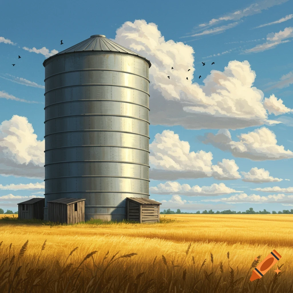 A tall metal silo stands in a golden field under a cloudy blue sky.
