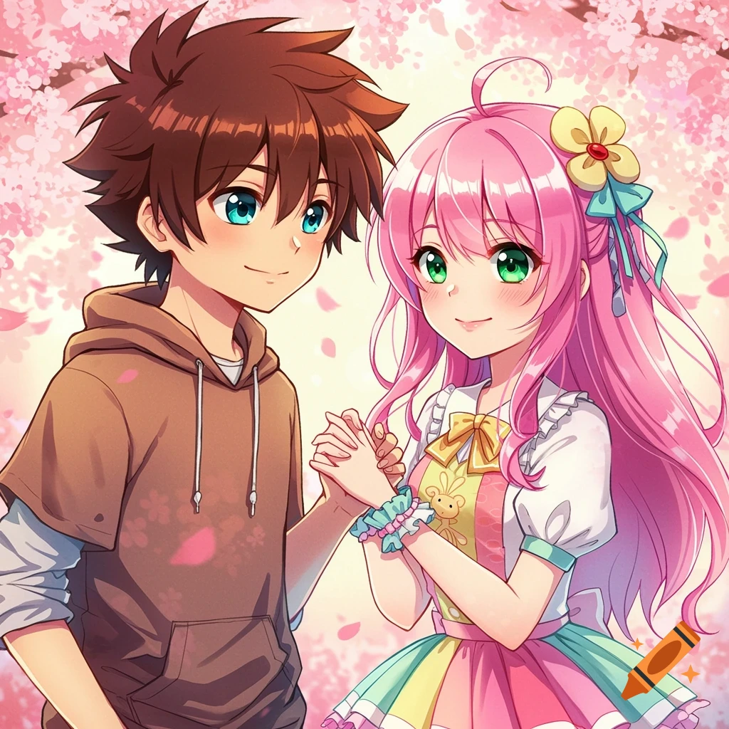 Anime couple holding hands under cherry blossoms.