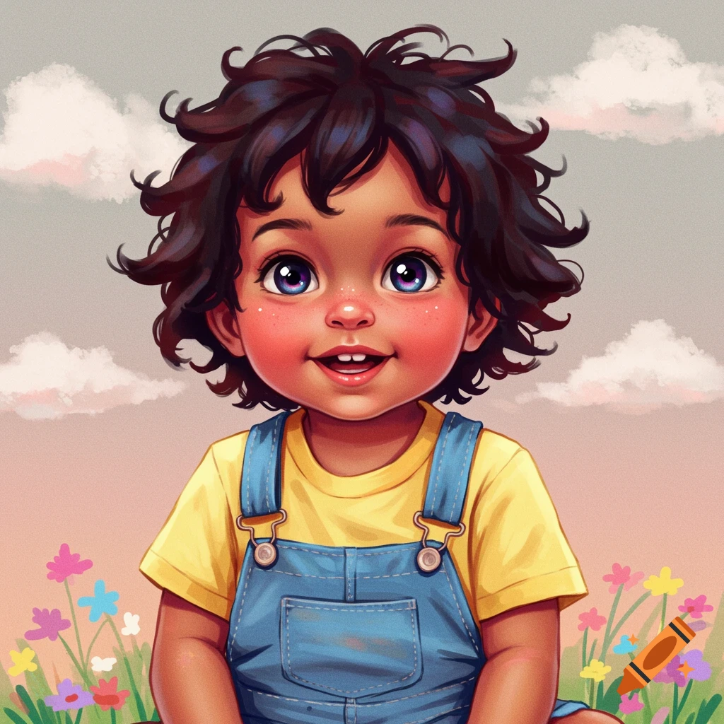 A smiling child in denim overalls is sitting in a field of flowers.
