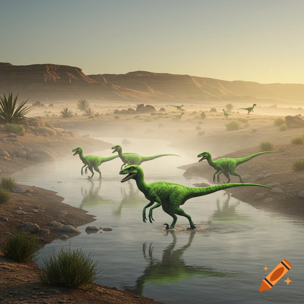 Green dinosaurs cross a misty desert stream at dawn