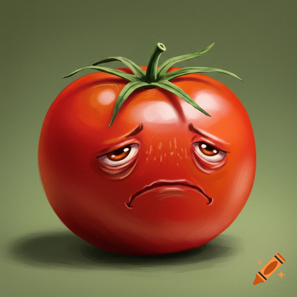 A sad tomato on a green background.