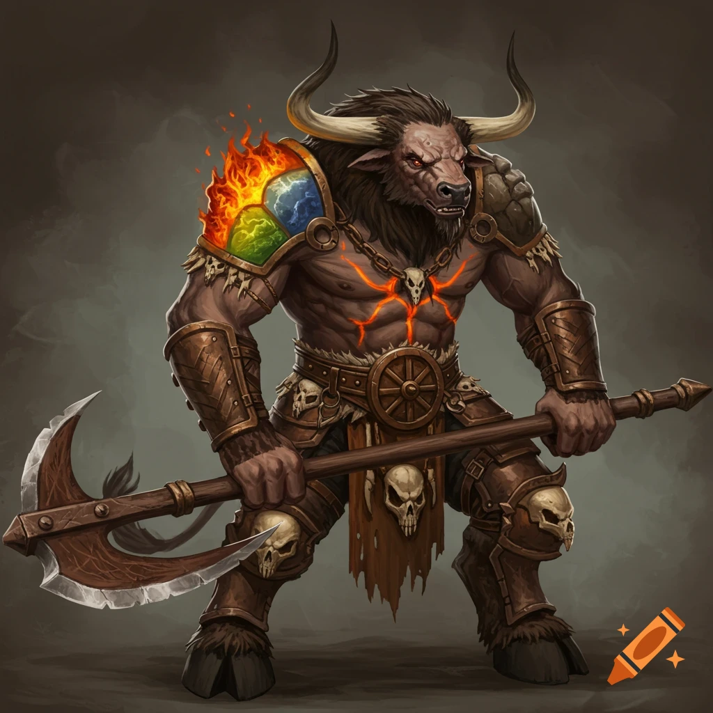 A powerful Minotaur warrior in bone armor, holding a large axe.