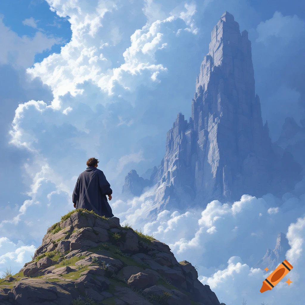 A figure stands on a rocky peak, gazing at a massive mountain range engulfed in clouds.