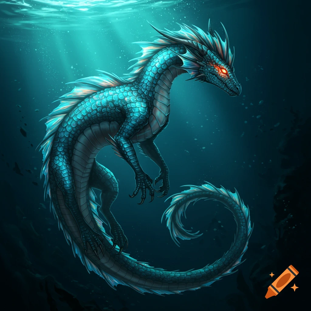 A blue and green scaled sea dragon with red eyes swims underwater.