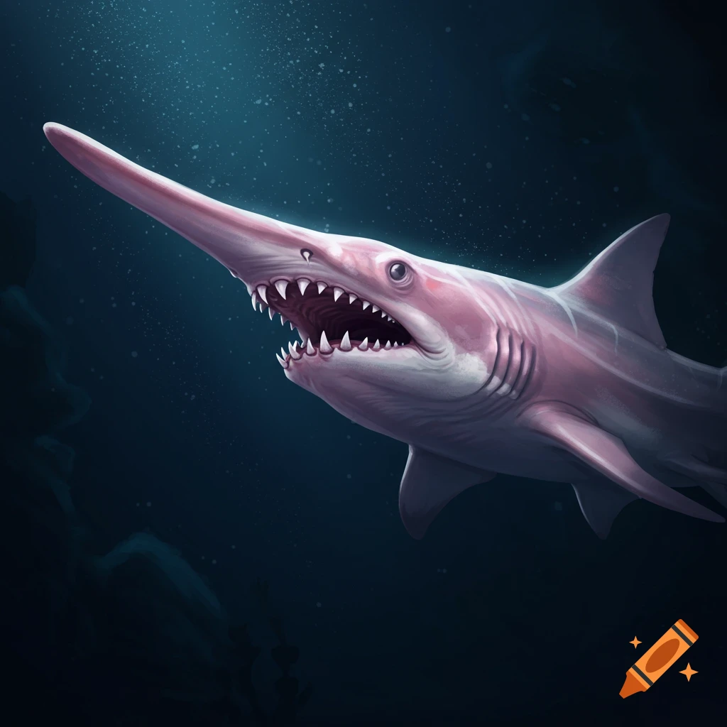 Pink goblin shark swimming in dark water.