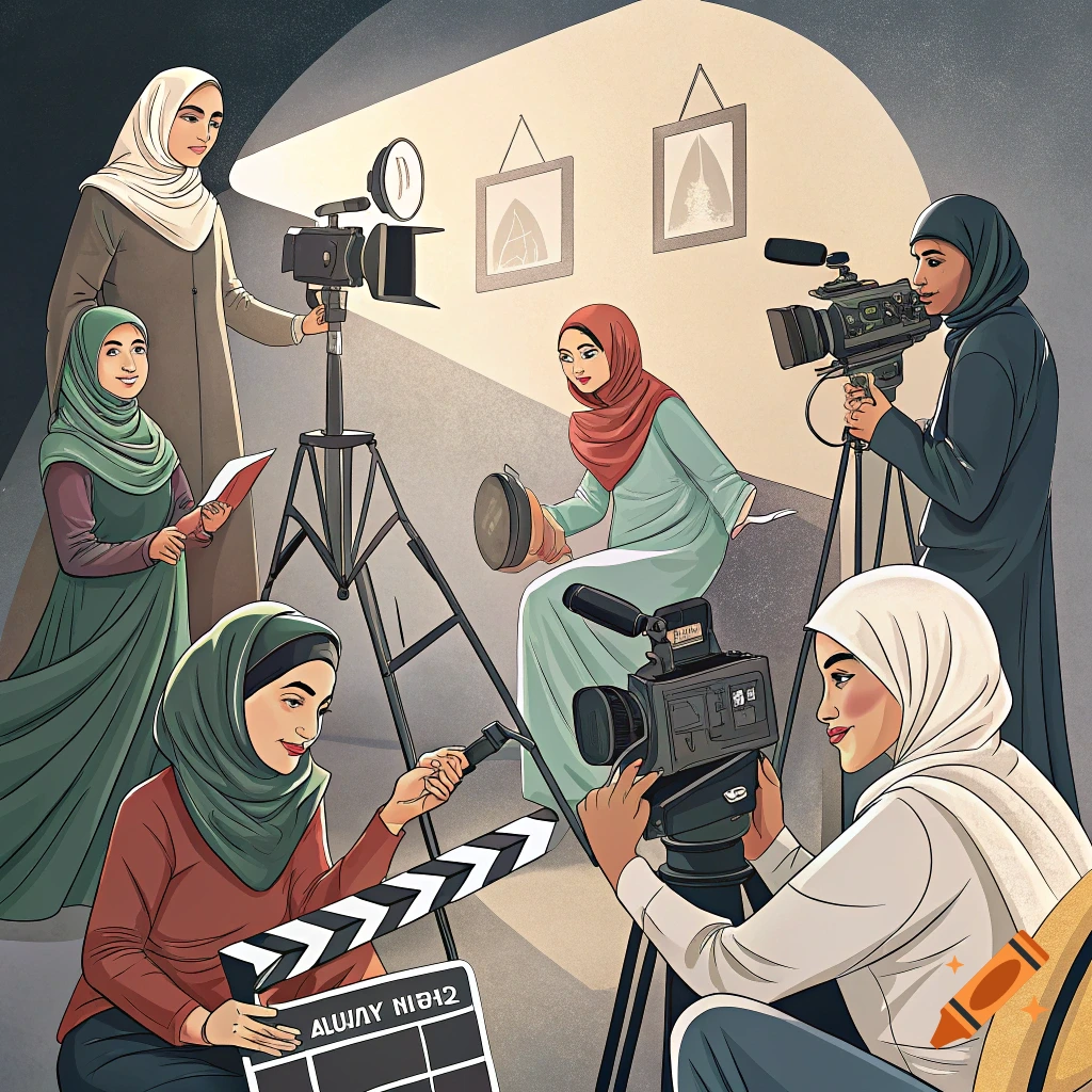 Muslim women filming with cameras and clapperboard.