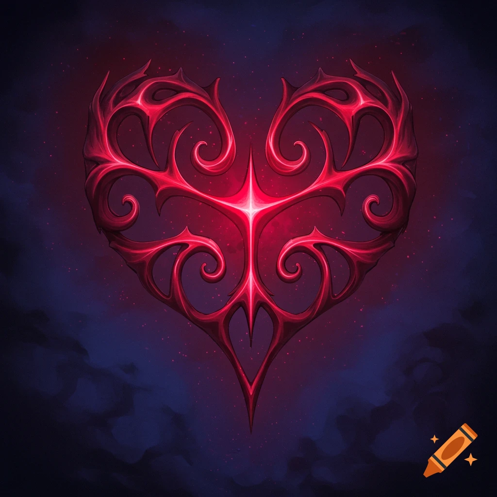 A stylized, glowing dark red heart symbol against a dark background.