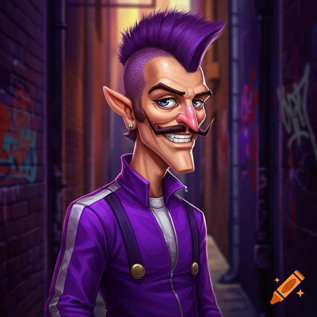 Picture of Waluigi with a purple mohawk and track jacket in an alley.
