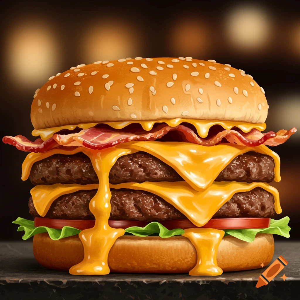 A double bacon cheeseburger with dripping melted cheese.