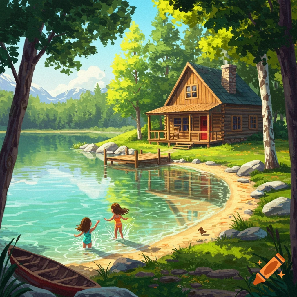 A whimsical log cabin by a lake with children splashing in the water.
