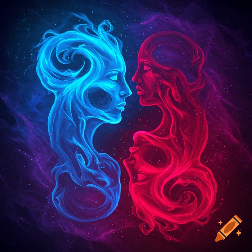Two glowing abstract figures, one blue, one red, facing each other in a cosmic background.