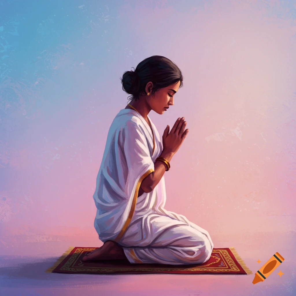 A woman kneels in prayer on a mat.