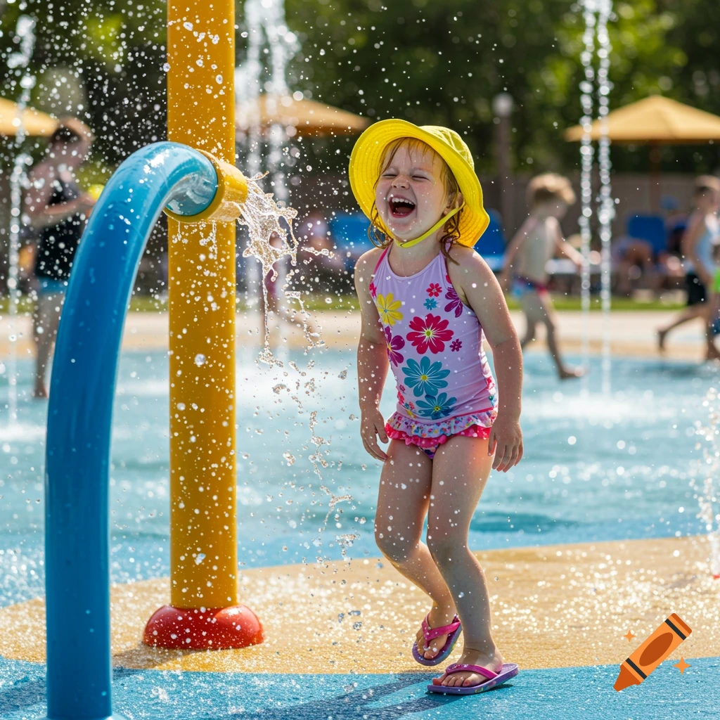 A young girl in a yellow hat laughs as water sprays on her at a water park.