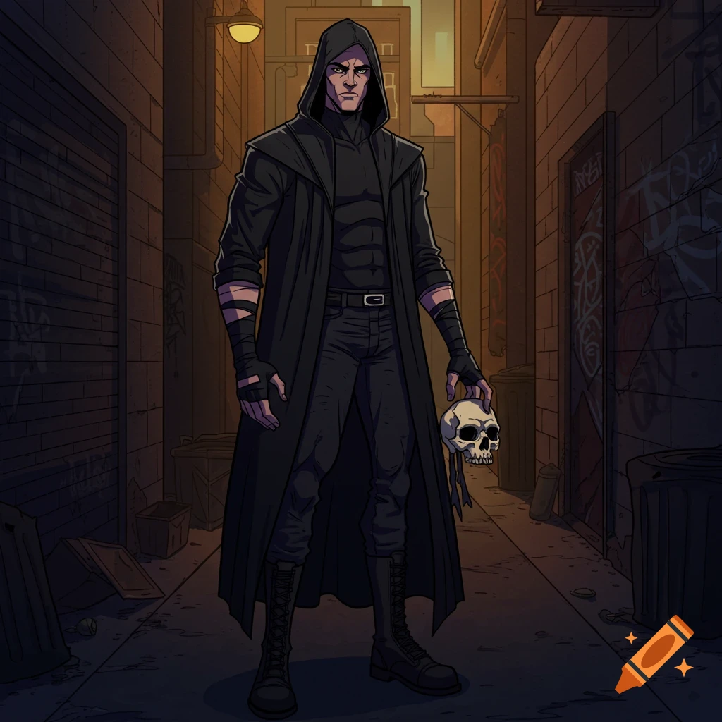 Cartoon illustration of a dark-clad man holding a skull in an alleyway.