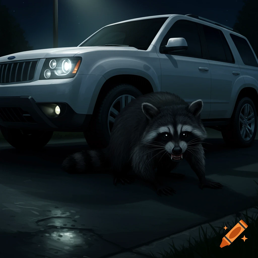 A snarling raccoon in front of a white SUV at night.