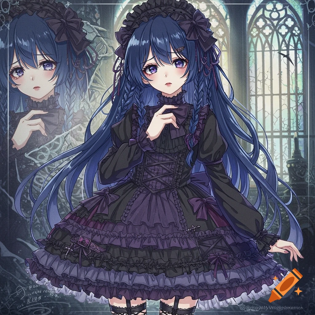 Anime character in a gothic lolita dress standing in a church-like interior with a character layout bust shot.