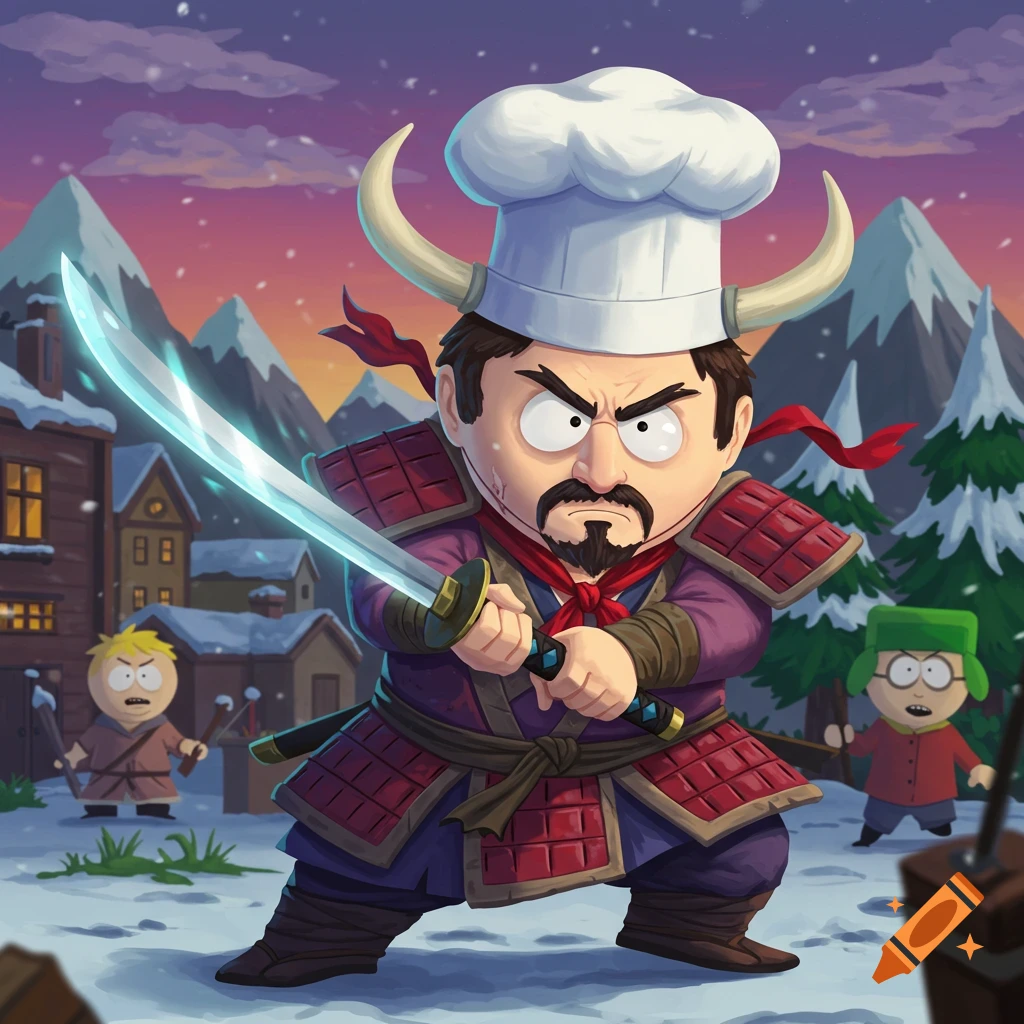 Chef from South Park as a samurai warrior in a snowy town with Stan and Kyle.